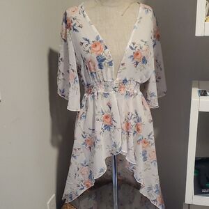 hello miss White Floral Midi Dress with Peach and Blue Blooms, Size L